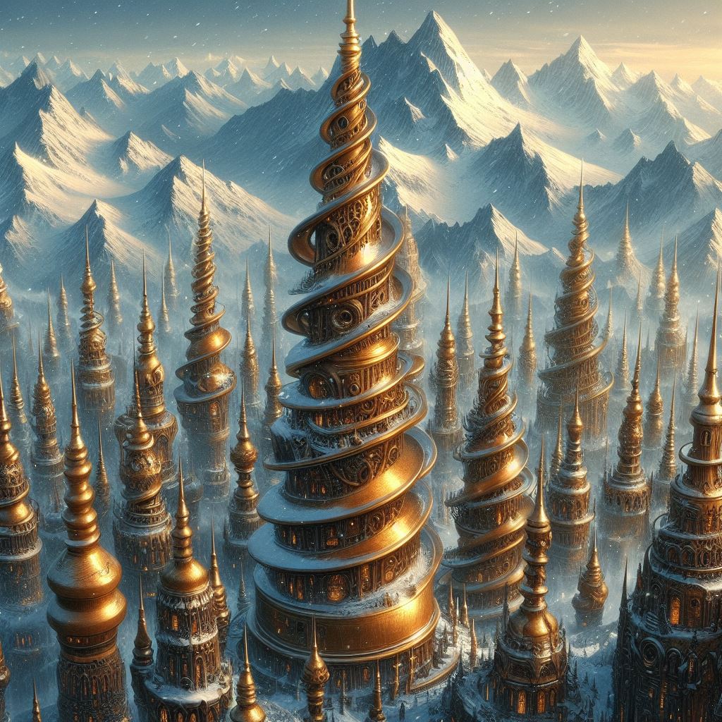 The Brass City
Brass corkscrew towers stand before a snowy mountain range.